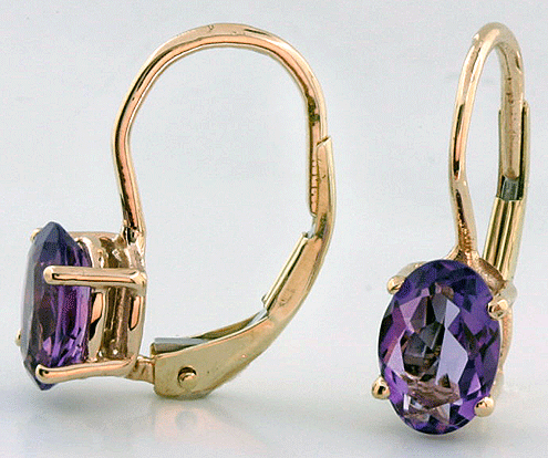 14k Yellow Gold Earrings 7x5 Oval Shape Amethyst Lever Back  